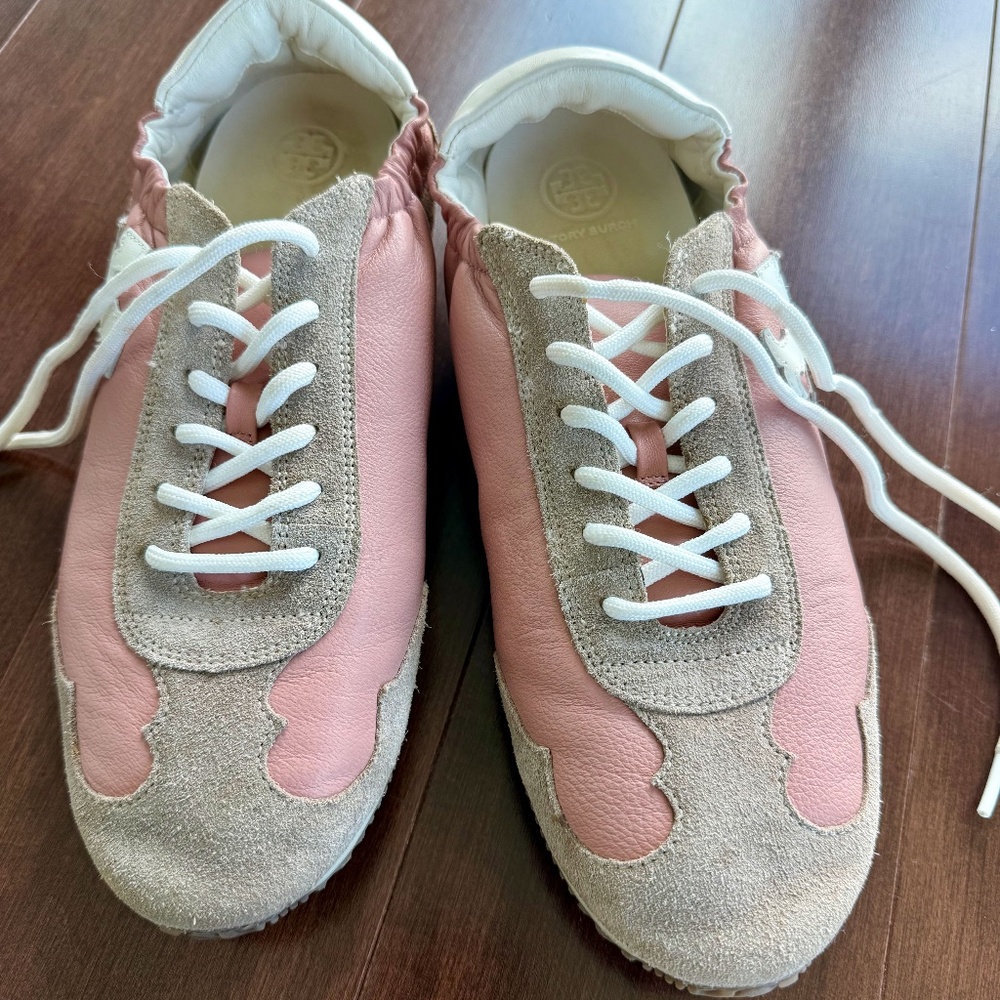 Tory Burch Pink and Beige Suede & Leather Sneakers